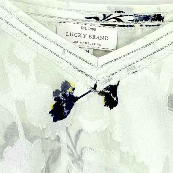 Lucky Brand Pale Blue Navy Blue Floral Print Cold Shoulder Flowy Romantic Blouse - Picture 14 of 14